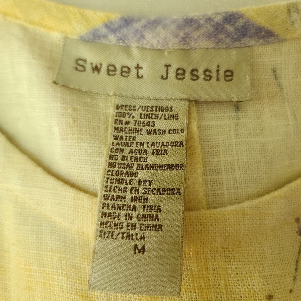 Vintage Sweet Jessie Yellow Botanical Print 100% Linen Tank Maxi Dress Medium - Picture 10 of 10